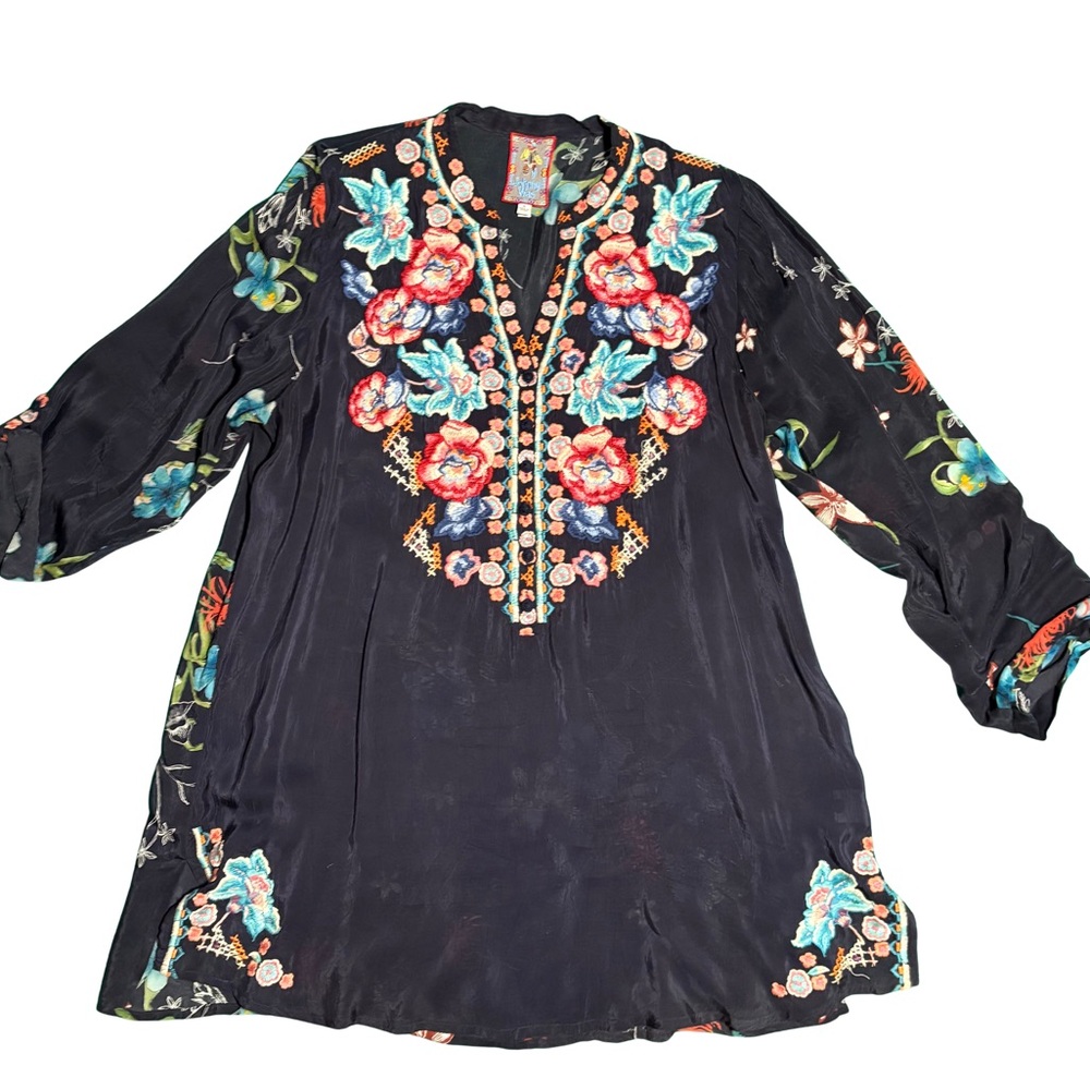 Johnny Was Embroidered Tunic XL Navy Rayon